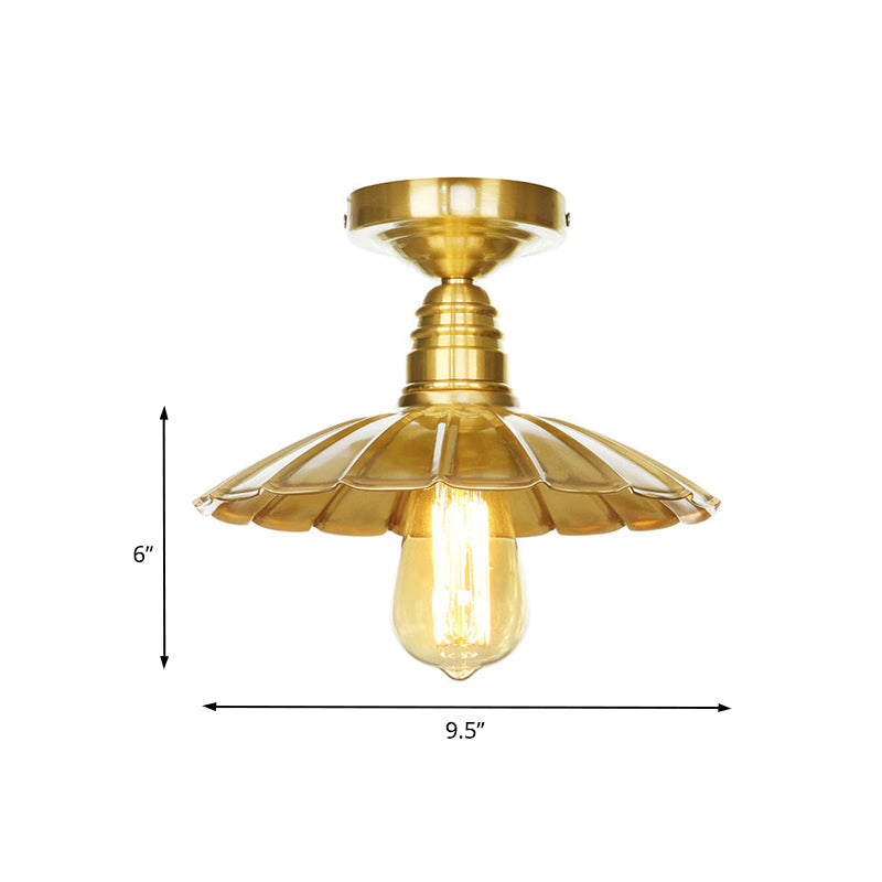 Vintage Waveforms/Scalloped Shade Semi Flush Ceiling Light - Brass Finish 8’/9.5’ W Metal Fixture