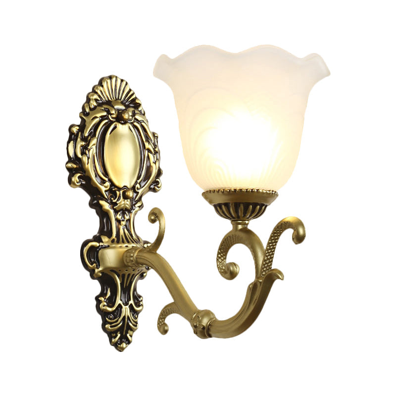 Vintage Brass/Beige Frosted Ribbed Glass Wall Sconce Lamp With Curvy Arm - 1 Light Bloom
