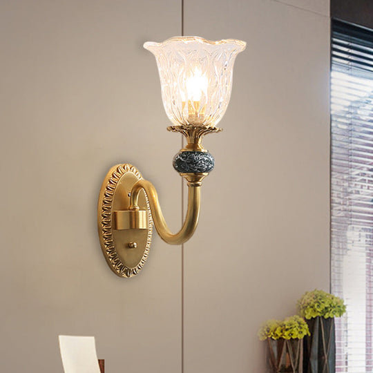 Floral Farmhouse Dining Room Wall Sconce - Clear Ribbed Glass 6/17 W 2 Lights Brass Finish