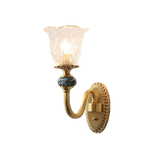 Floral Farmhouse Dining Room Wall Sconce - Clear Ribbed Glass 6/17 W 2 Lights Brass Finish