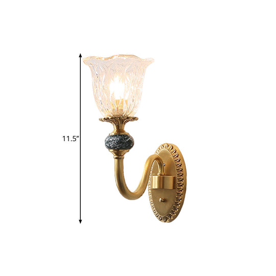 Floral Farmhouse Dining Room Wall Sconce - Clear Ribbed Glass 6/17 W 2 Lights Brass Finish
