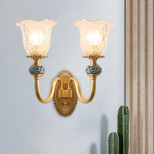 Floral Farmhouse Dining Room Wall Sconce - Clear Ribbed Glass 6/17 W 2 Lights Brass Finish