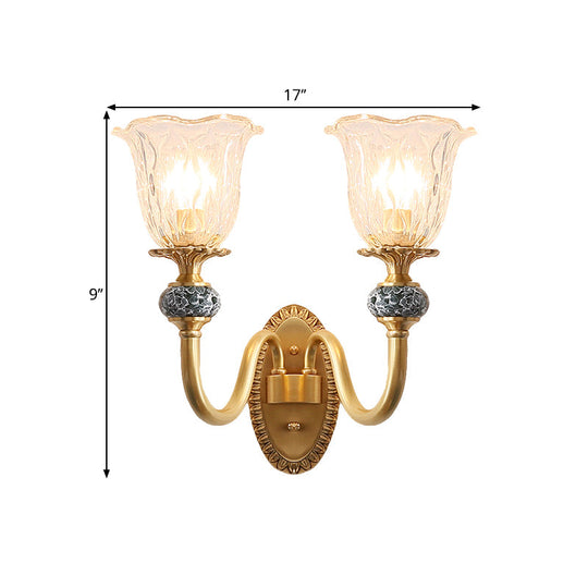 Floral Farmhouse Dining Room Wall Sconce - Clear Ribbed Glass 6/17 W 2 Lights Brass Finish