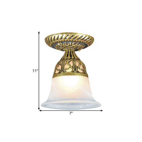 Frosted Glass Farmhouse Flush Mount Lamp - Bell Shape 1 - Head Brass Ceiling Light Fixture For