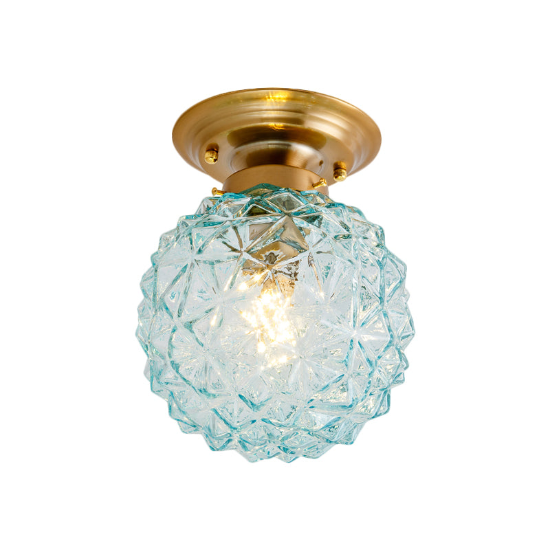 Countryside Blue/Clear/Smoke Gray Prismatic Glass Pine Cone Hallway Ceiling Lamp - Brass Flush