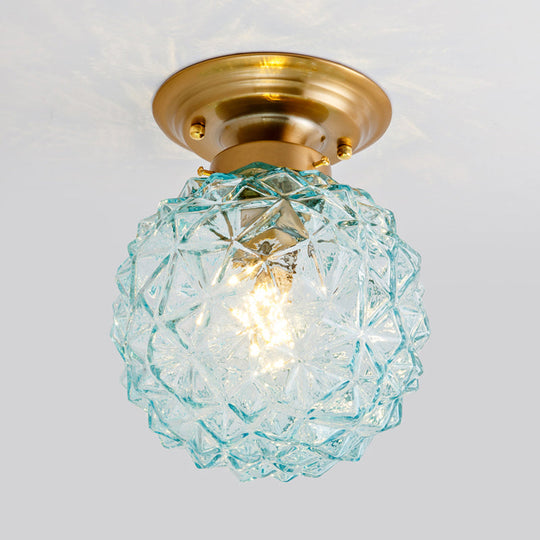 Countryside Blue/Clear/Smoke Gray Prismatic Glass Pine Cone Hallway Ceiling Lamp - Brass Flush