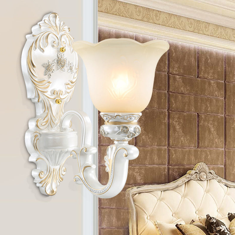 Floral Cream Glass Wall Sconce - White Cottage Light Single/Double Head Elegant Swooping Arm 1 /