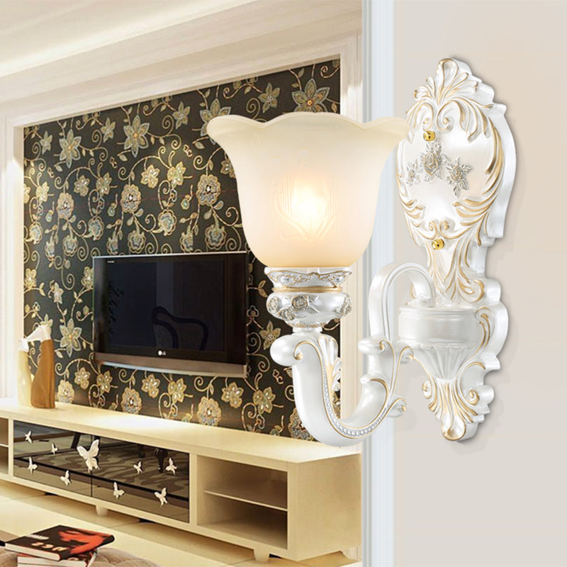 Floral Cream Glass Wall Sconce - White Cottage Light Single/Double Head Elegant Swooping Arm