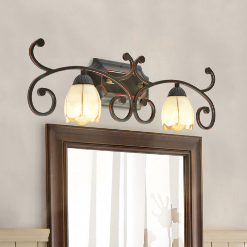 Frosted Glass Blossom Vanity Lamp: Antiqued 2/3 Heads Bathroom Twig Design Wall Lighting (Red Brown)