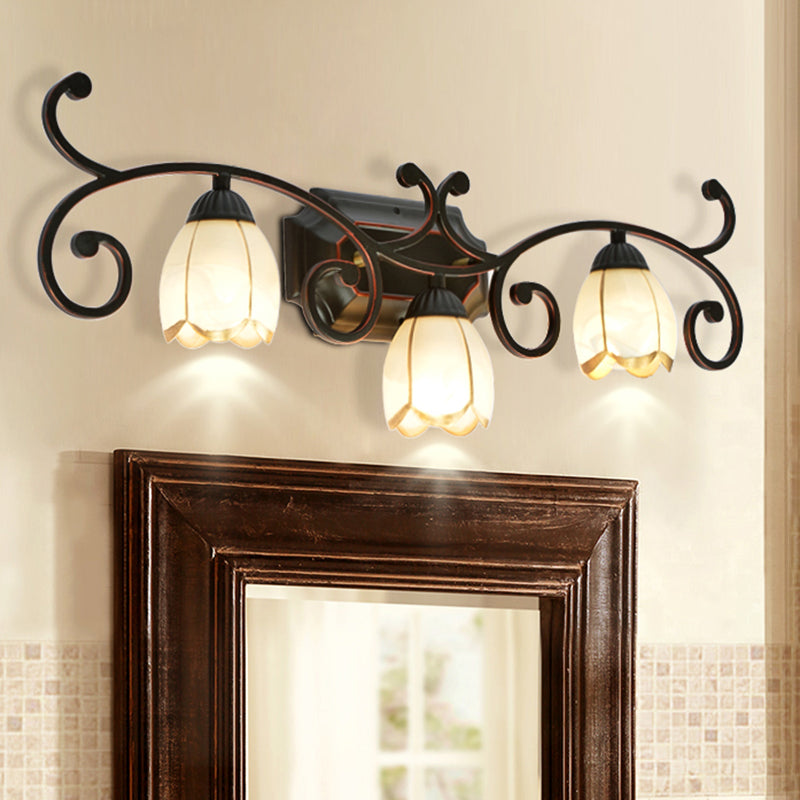 Frosted Glass Blossom Vanity Lamp: Antiqued 2/3 Heads Bathroom Twig Design Wall Lighting (Red Brown)