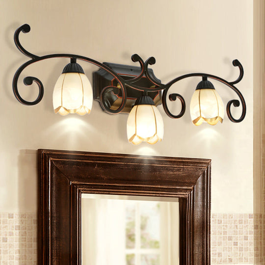Frosted Glass Blossom Vanity Lamp: Antiqued 2/3 Heads Bathroom Twig Design Wall Lighting (Red Brown)