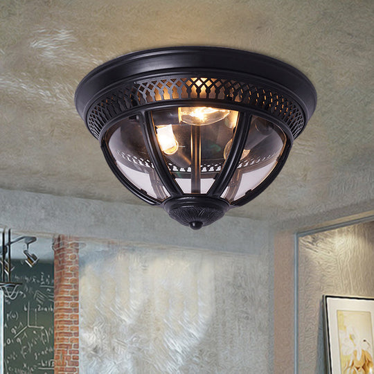 Antiqued Brass/Brown Semi Flush Lamp - Clear Glass 1 - Light Mount With Pierced Trim Design Black