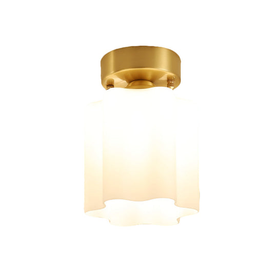 White Glass Brass Flush Lamp - Scalloped/Shell/Trapezoid Design 1 - Light Cottage Ceiling Mount For