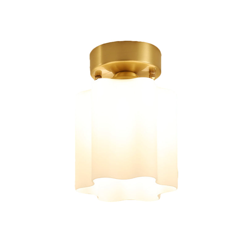 White Glass Brass Flush Lamp - Scalloped/Shell/Trapezoid Design 1-Light Cottage Ceiling Mount For