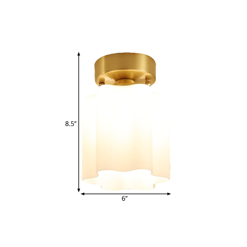 White Glass Brass Flush Lamp - Scalloped/Shell/Trapezoid Design 1 - Light Cottage Ceiling Mount For