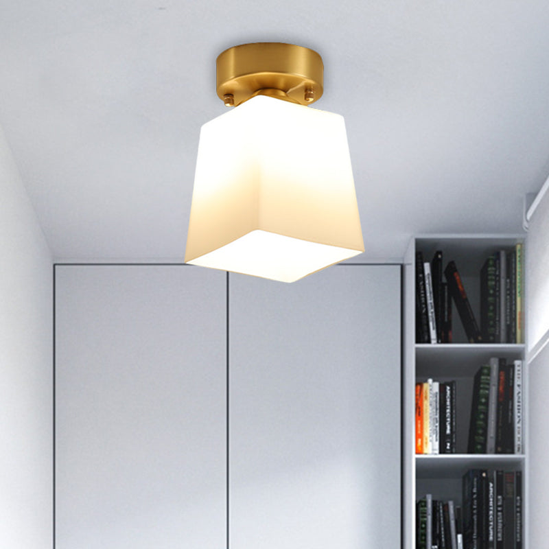 White Glass Brass Flush Lamp - Scalloped/Shell/Trapezoid Design 1-Light Cottage Ceiling Mount For