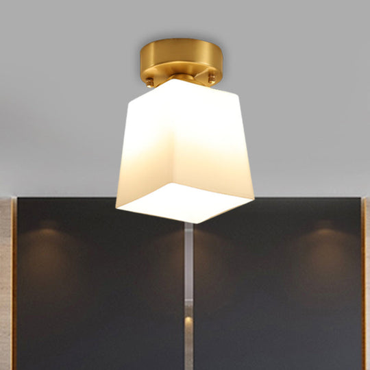 White Glass Brass Flush Lamp - Scalloped/Shell/Trapezoid Design 1 - Light Cottage Ceiling Mount For