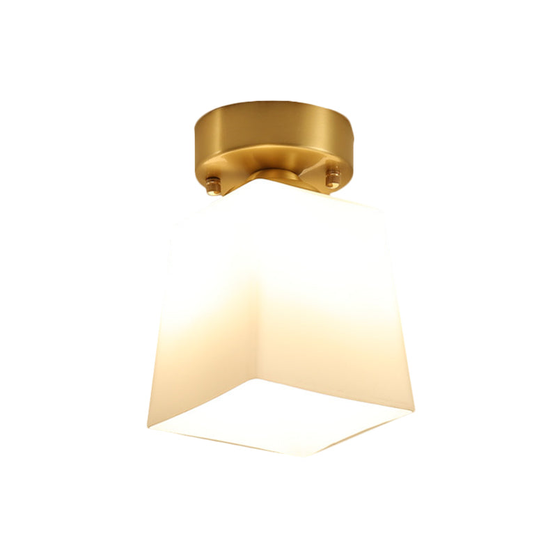White Glass Brass Flush Lamp - Scalloped/Shell/Trapezoid Design 1-Light Cottage Ceiling Mount For