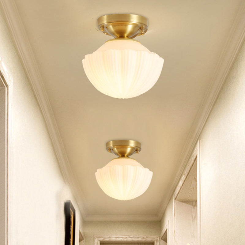 White Glass Brass Flush Lamp - Scalloped/Shell/Trapezoid Design 1-Light Cottage Ceiling Mount For