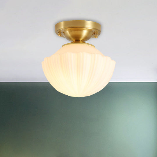 White Glass Brass Flush Lamp - Scalloped/Shell/Trapezoid Design 1 - Light Cottage Ceiling Mount For