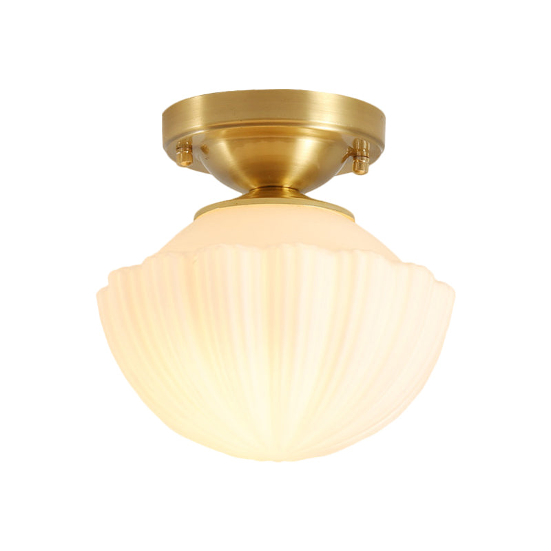White Glass Brass Flush Lamp - Scalloped/Shell/Trapezoid Design 1-Light Cottage Ceiling Mount For