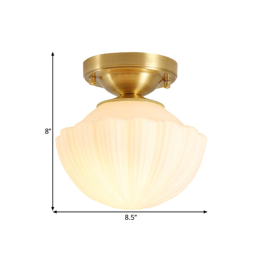 White Glass Brass Flush Lamp - Scalloped/Shell/Trapezoid Design 1-Light Cottage Ceiling Mount For