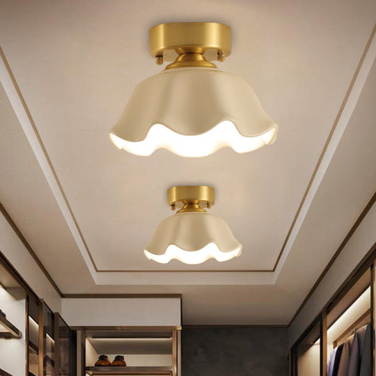 White Glass Brass Flush Lamp - Scalloped/Shell/Trapezoid Design 1 - Light Cottage Ceiling Mount For