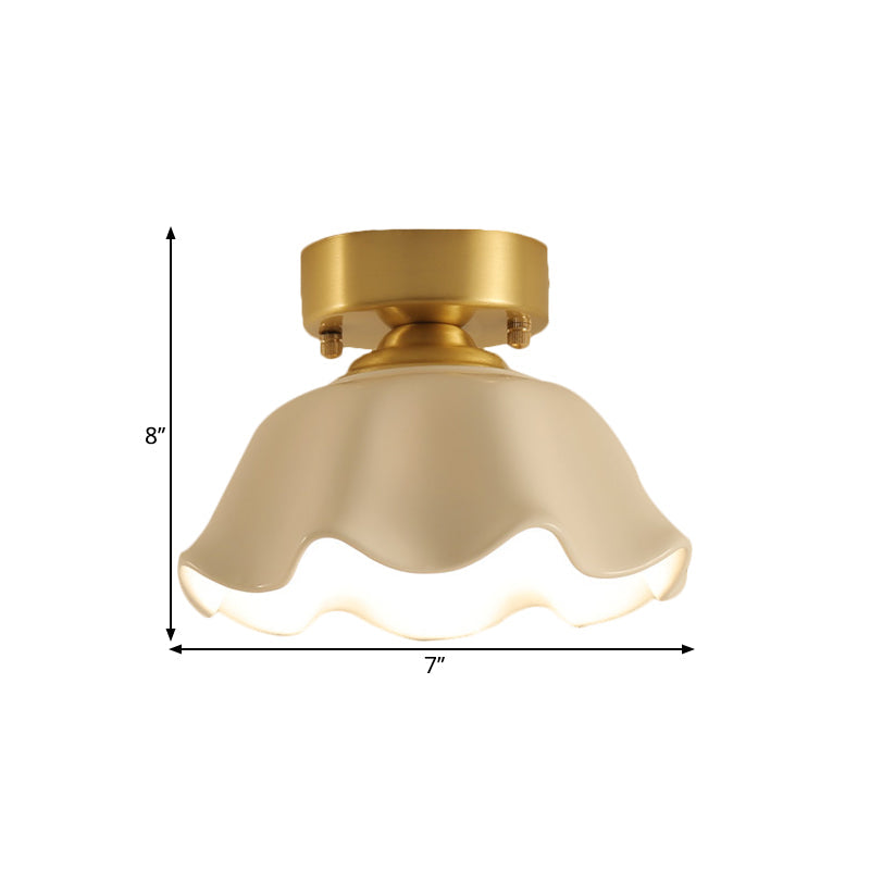 White Glass Brass Flush Lamp - Scalloped/Shell/Trapezoid Design 1-Light Cottage Ceiling Mount For