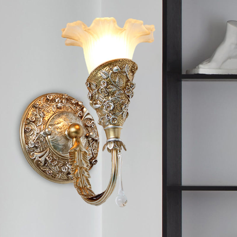 Farmhouse Frosted Glass Bedroom Sconce Light With Crystal Drop Decor
