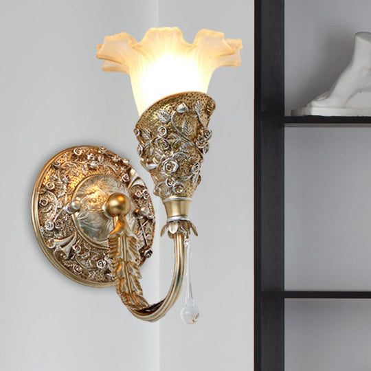 Farmhouse Frosted Glass Bedroom Sconce Light With Crystal Drop Decor