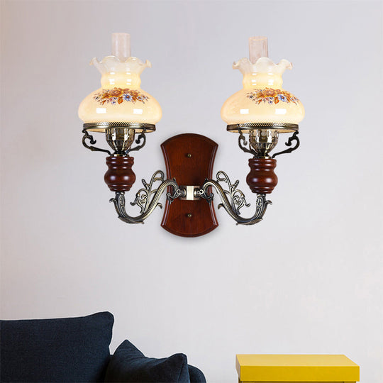 Traditional Opal Glass Wall Sconce Light With Flower Pattern - Brass 2 Bulbs Bronze