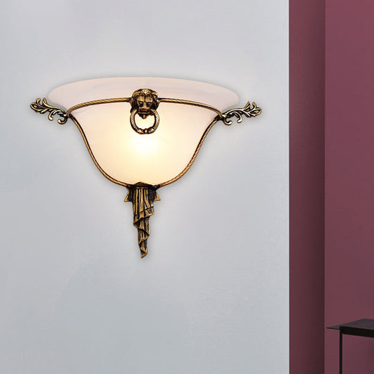Traditional Brass Frosted Glass Wall Sconce - 1-Head Domed Light For Corridor