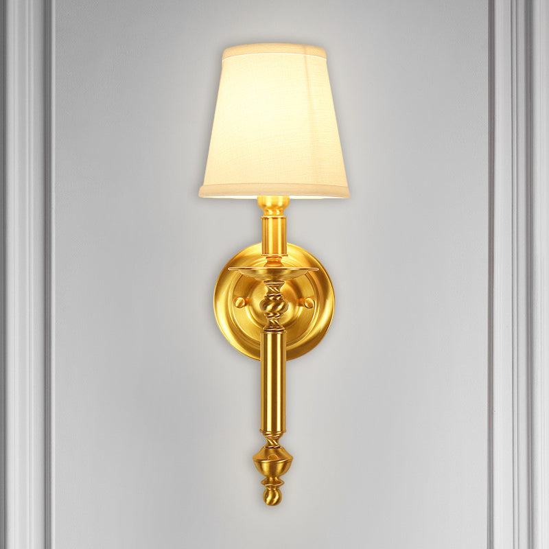 Country Fabric Tapered Wall Lighting: Single Light Brass Mounted Lamp With Metallic Arm