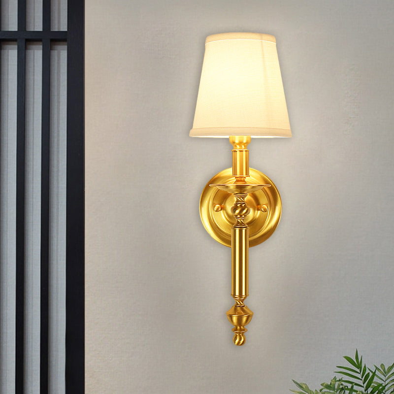 Country Fabric Tapered Wall Lighting: Single Light Brass Mounted Lamp With Metallic Arm