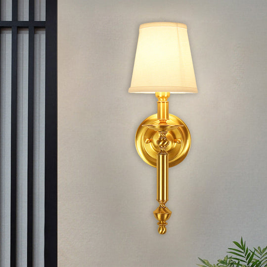 Country Fabric Tapered Wall Lighting: Single Light Brass Mounted Lamp With Metallic Arm