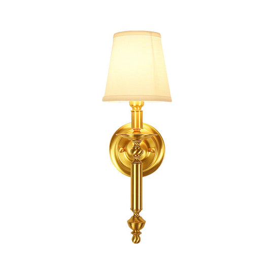 Country Fabric Tapered Wall Lighting: Single Light Brass Mounted Lamp With Metallic Arm