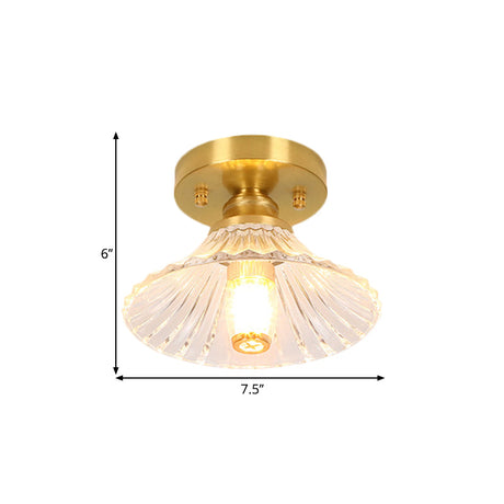 Classic Cone/Lotus Leaf/Floral Clear Glass Ceiling Light In Brass 7.5-9 Wide
