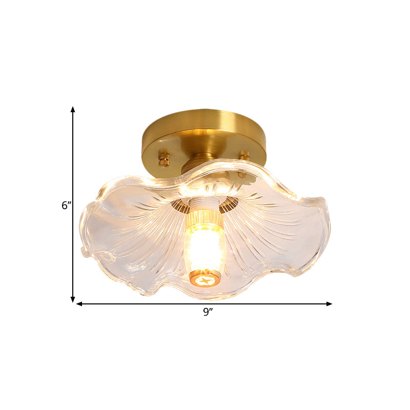 Classic Cone/Lotus Leaf/Floral Clear Glass Ceiling Light In Brass 7.5 - 9’ Wide