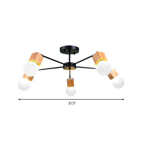 Semi Flush Industrial Ceiling Lamp With Wood Accents - 3/5-Light Metal Open Bulb Fixture For Bedroom