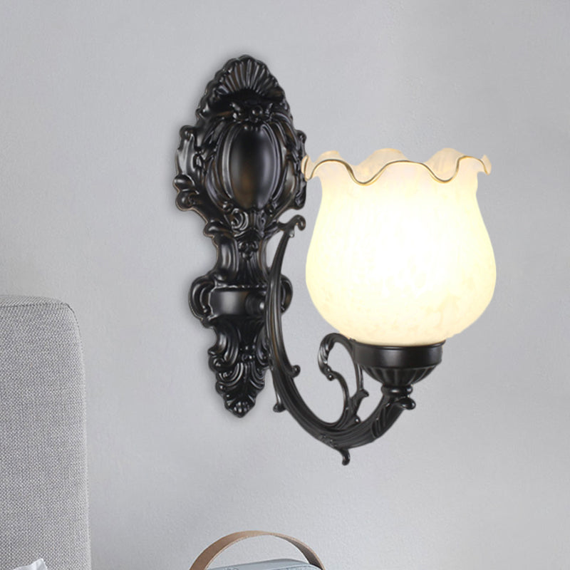 Loft Style Bud Wall Mount Lamp - Opaline Glass Lighting Fixture (Single Bulb) Black/White/Brass