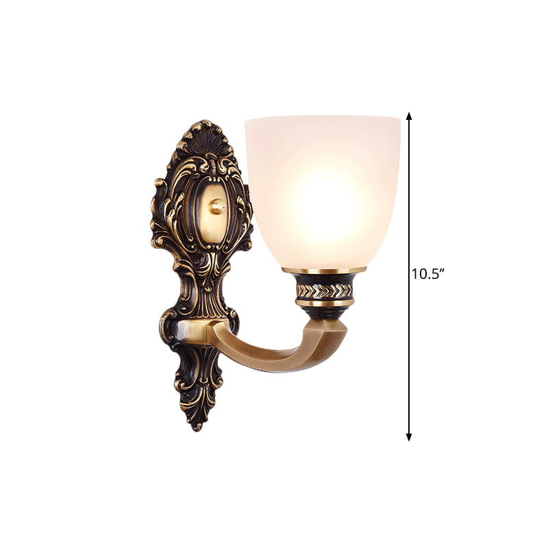 Country White Glass Wall Sconce Light - 2-Head Brass Fixture Inverted Bell Design 5/14 Wide
