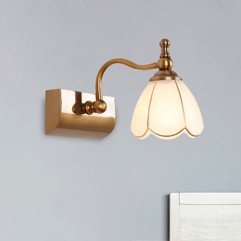 Rustic Wall Mounted Vanity Lamp: White Glass Brass Scalloped 1/2-Light With Curved Arm 1 /