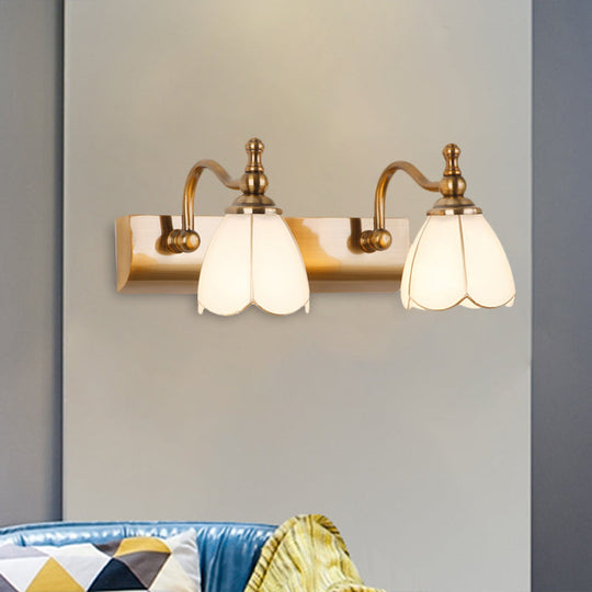 Rustic Wall Mounted Vanity Lamp: White Glass Brass Scalloped 1/2-Light With Curved Arm 2 /