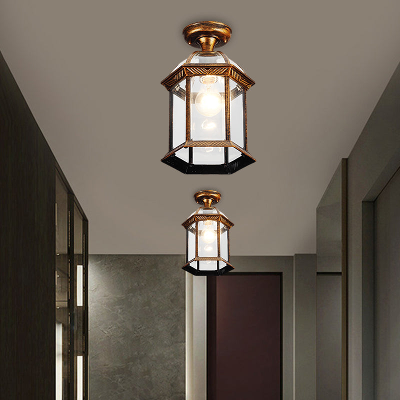 Traditional Flush Mount Cage Lantern With Single Bulb In Black/Brass 8’/9.5’ Wide