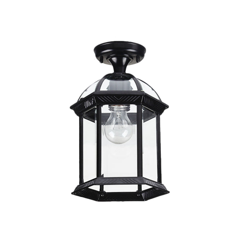 Traditional Flush Mount Cage Lantern With Single Bulb In Black/Brass 8’/9.5’ Wide