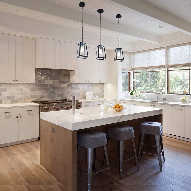 Industrial Trapezoid Pendant Light With Clear Glass & Black Finish 7’/12’ Wide / 7’