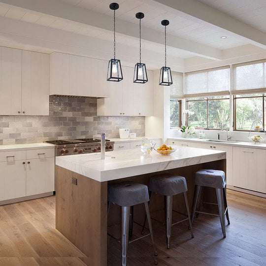 Industrial Trapezoid Pendant Light With Clear Glass & Black Finish 7’/12’ Wide / 7’