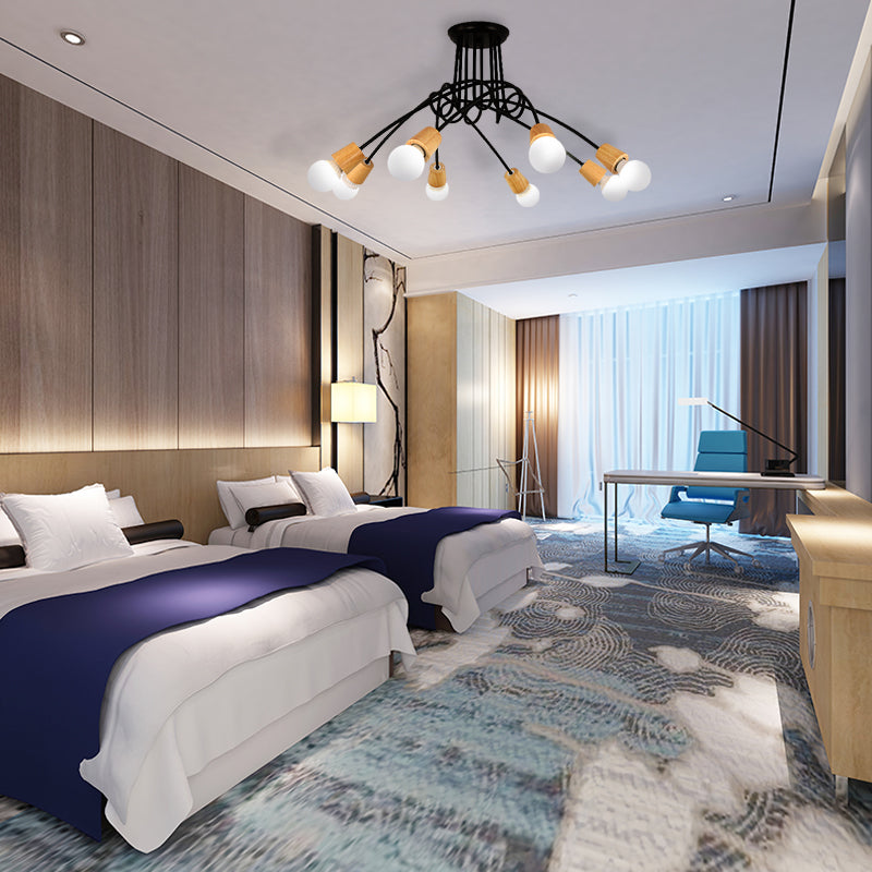 Loft Style Metal Ceiling Light With Open Bulb & Twisted Arm – 3/5 Lights Wood Accent Perfect For