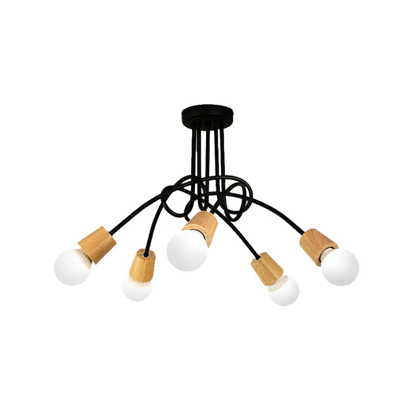 Loft Style Metal Ceiling Light With Open Bulb & Twisted Arm – 3/5 Lights Wood Accent Perfect For