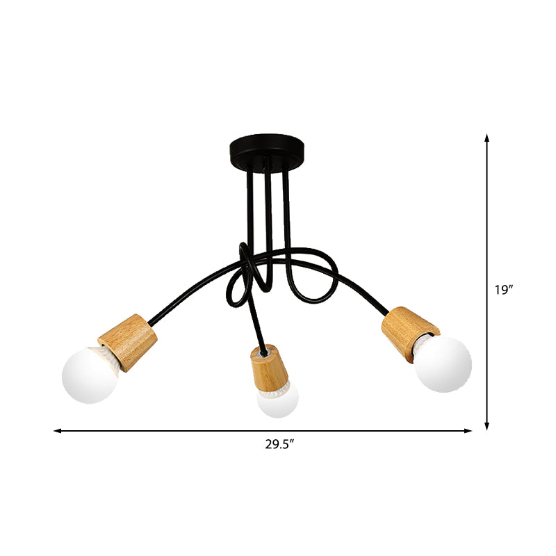 Loft Style Metal Ceiling Light With Open Bulb & Twisted Arm – 3/5 Lights Wood Accent Perfect For